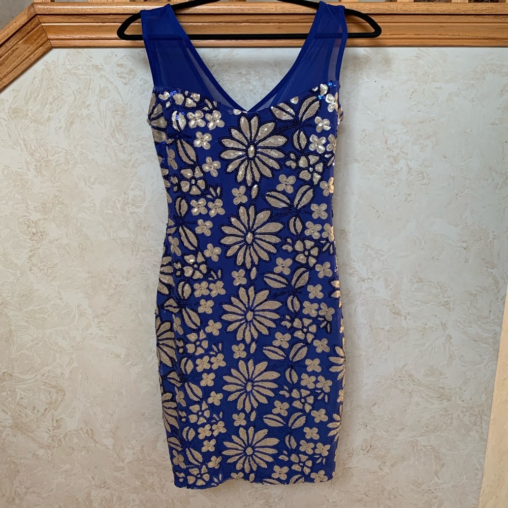 Indigo & Gold Sequin Flower Print Sheath Dress